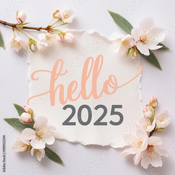 Fototapeta Stunning Minimalistic ‘2025’ Floral Design: Torn Paper Aesthetics with Elegant Leafy Surroundings