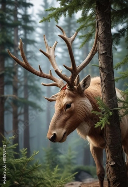 Fototapeta A reindeer bends its head to sniff a low-hanging fir branch, woodland landscape, , snowy forest