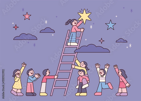 Obraz Friends are helping each other to reach the stars. A child reaching for a star using a ladder. outline simple vector illustration.