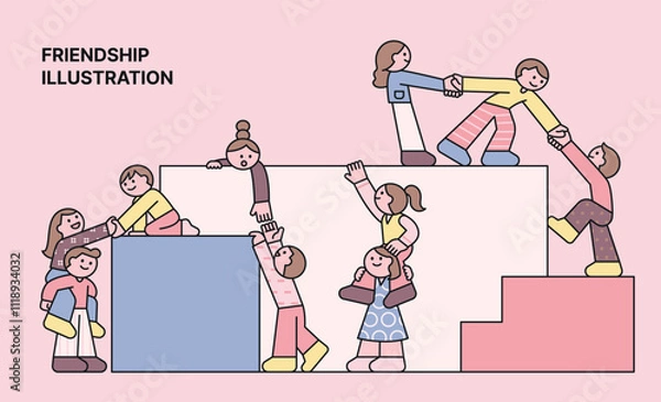 Obraz Friends are helping each other up the stairs. They are holding hands and lifting each other up on their shoulders. outline simple vector illustration.