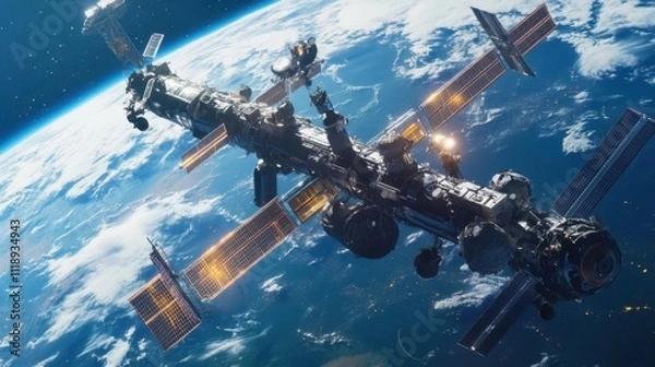 Obraz A space station orbiting Earth, showcasing advanced technology and exploration.