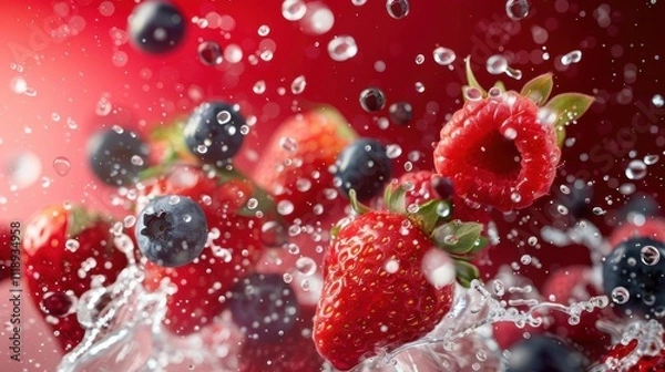 Obraz Fresh berries splashing in water, creating a vibrant and refreshing scene.