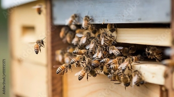 Obraz Bees working on a honeycomb in a beekeeping environment with natural honey production, Close up of bees working in the bee hive. Entrance. Close up view of the working bees on honey cells