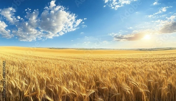 Fototapeta A golden wheat field under a bright blue sky with fluffy clouds.