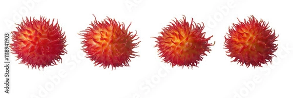 Fototapeta Brightly Colored Rambutan Fruits Displayed in a Row on a Clean White Background Showcasing Their Unique Hairy Texture and Vibrant Red Hues