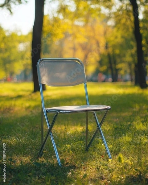 Fototapeta A simple folding chair placed on grass in a sunlit park setting.
