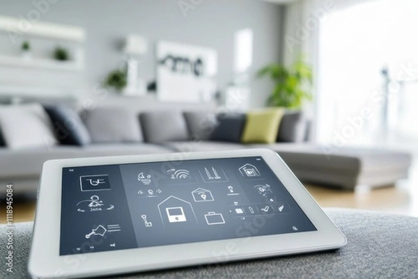 Fototapeta A tablet displaying smart home controls in a modern living room.