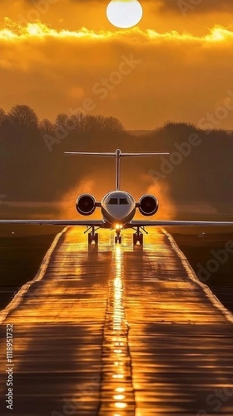 Fototapeta A private jet on a runway at sunset, reflecting golden hues.