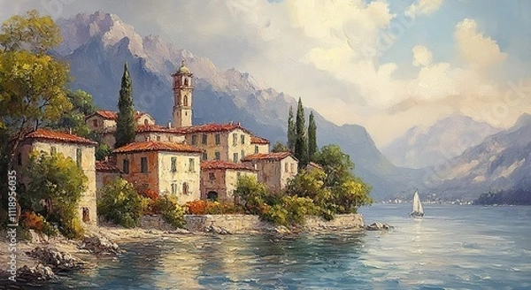Fototapeta An oil painting of Italian buildings, capturing a picturesque and artistic scene
