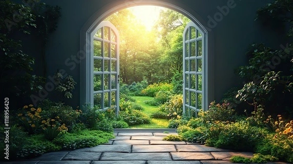Fototapeta An open door leads to a lush garden, symbolizing new paths and growth in life