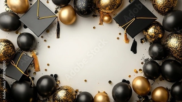 Fototapeta Black and gold graduation caps and balloons frame a blank space on a white background