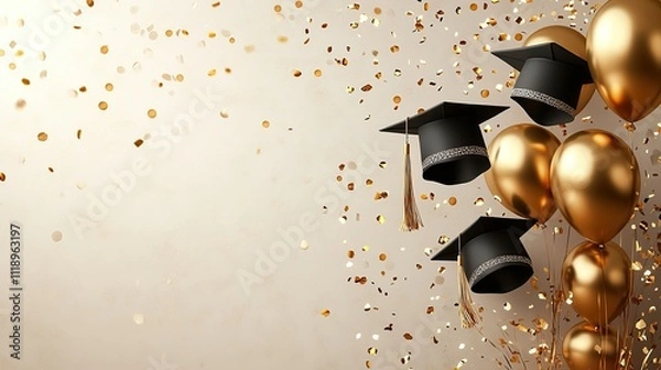 Fototapeta Black and white graduation caps and golden balloons fly on the right side of a poster template