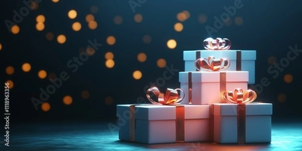 Fototapeta Stack of gifts with rose gold ribbons, festive bokeh background.