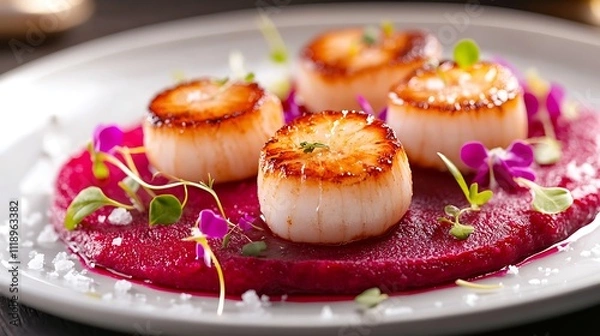 Obraz Seared Scallops on Beetroot Puree: A Culinary Delight