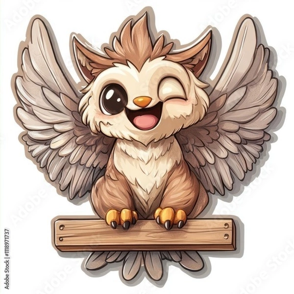 Fototapeta A cute, cartoon-style owl with wings, smiling and perched on a sign.