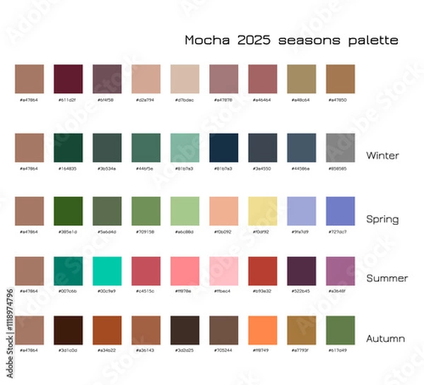 Fototapeta Mocha color 2025 seasons palette. Winter, spring, summer, autumn color samples with codes. Color trends concept.