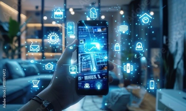 Fototapeta A hand holds a smartphone displaying digital icons and data analytics.