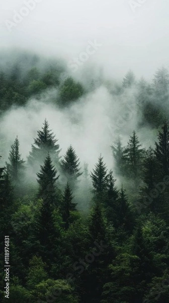 Fototapeta Misty forest landscape with dense trees and fog creating a serene atmosphere.