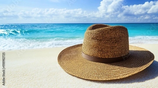 Fototapeta A straw hat resting on a sandy beach with ocean waves in the background.