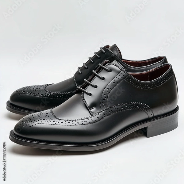 Fototapeta A genuine leather black brogues. Smart casual style shoes. isolated on a white background
