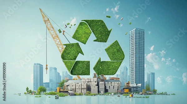 Obraz Eco-Friendly Construction Industry Depicted with Earth, Green Recycling Arrow, Bricks, and Crane Showing Connection to Circular Economy