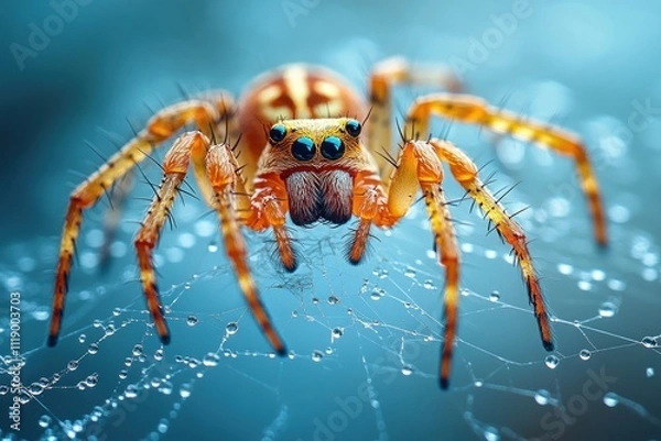 Fototapeta close-up of a spider on an intricate web with glistening dew in soft natural light