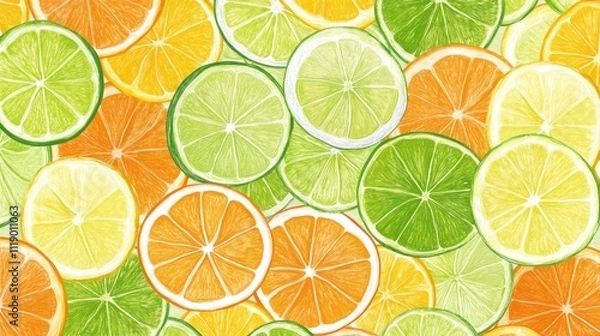 Fototapeta A refreshing pattern of citrus fruit slices like lemons, limes, and oranges, in bright, vibrant colors.