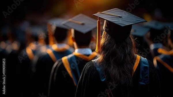 Fototapeta Students wearing black graduation caps seen from behind, with sunlight illuminating them and a blurred foreground