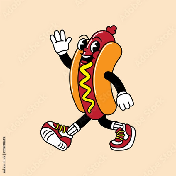 Fototapeta Hotdog retro mascot with hand and foot. Hotdog, sausage, and Fast Food Retro vintage mascot cartoon stickers with funny comic characters and gloved hands.