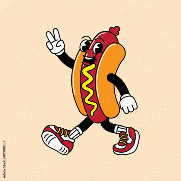Fototapeta Hotdog retro mascot with hand and foot. Hotdog, sausage, and Fast Food Retro vintage mascot cartoon stickers with funny comic characters and gloved hands.
