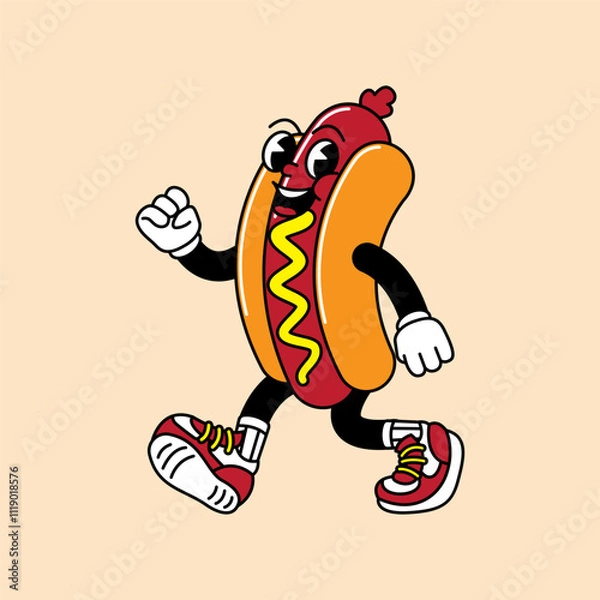 Fototapeta Hotdog retro mascot with hand and foot. Hotdog, sausage, and Fast Food Retro vintage mascot cartoon stickers with funny comic characters and gloved hands.
