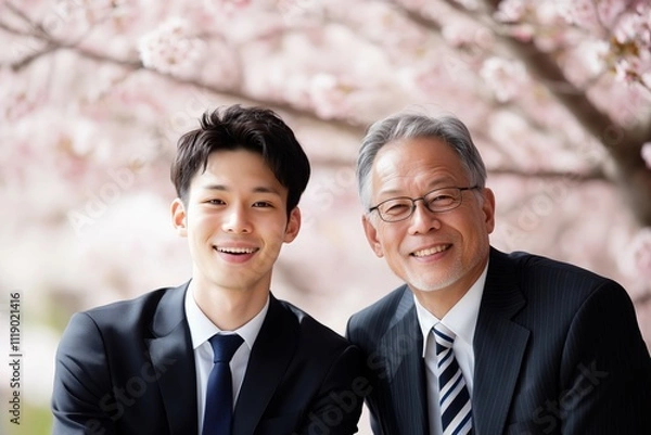 Obraz 入社式に参加した笑顔の新卒の男性と父親