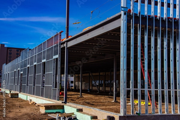 Fototapeta Metal studs along exterior wall of steel framed office building under construction.