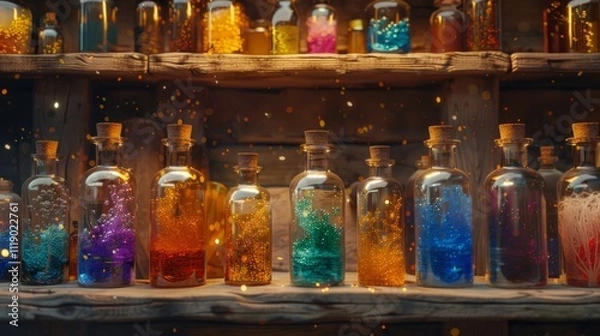 Fototapeta A collection of colorful glass bottles on a wooden shelf in a rustic vintage apothecary shop, illuminated by sunlight streaming through the windows.