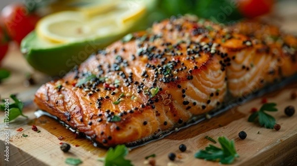 Fototapeta Closeup delicious grilled salmon fillet garnished with herbs spices on wooden cutting board, close-up steak salmon and nutrition, seafood and roasted with recipe, no people, food with delicious.