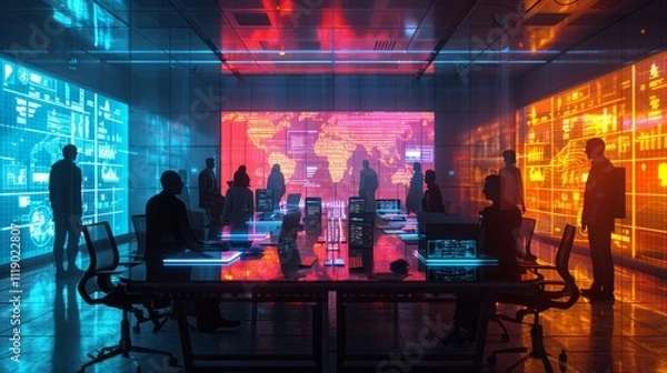 Fototapeta A high-tech command center with digital screens displaying data, silhouetted people working and analyzing information, futuristic and technology with cyber network, business and development.