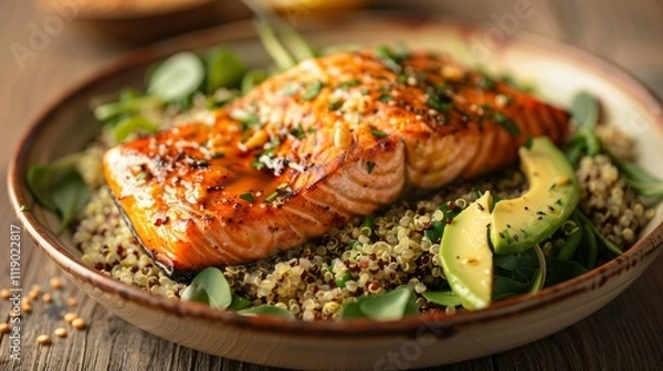 Fototapeta Closeup delicious grilled salmon fillet garnished with herbs spices on wooden cutting board, close-up steak salmon and nutrition, seafood and roasted with recipe, no people, food with delicious.