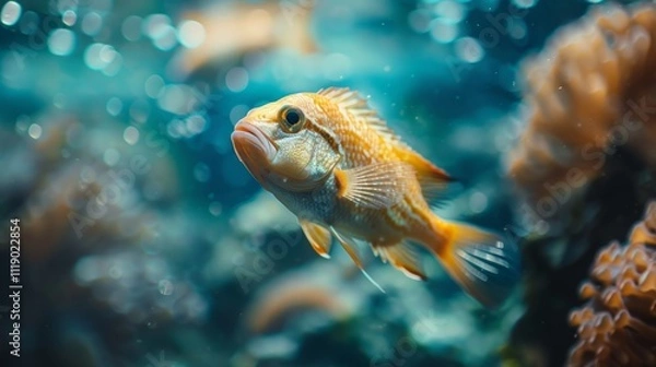 Fototapeta A vibrant fish gracefully swims in blue water, surrounded by a bokeh background in an underwater.