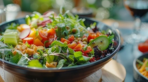 Fototapeta Fresh and Colorful Mixed Vegetable Salad in a Bowl with Avocado, Tomatoes, and Greens