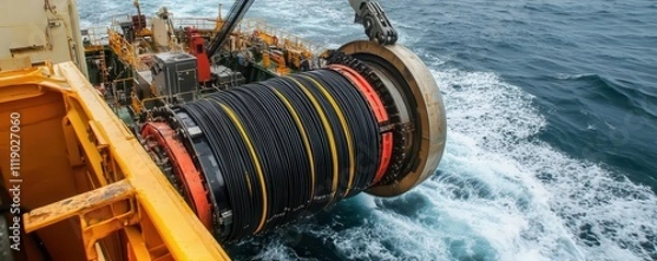 Obraz Close-up of a submarine fiberoptic cable being laid by a specialized ship, ocean waves crashing nearby, submarine fiberoptic cable, marine engineering