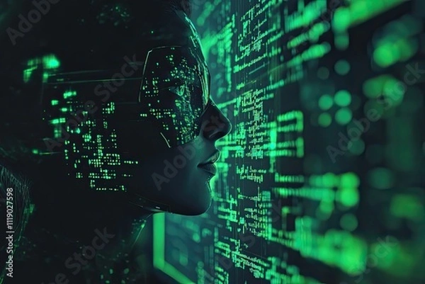 Fototapeta A 3D icon of a coder portrait with holographic interface computer screen and green coding lines in a cyberpunk theme