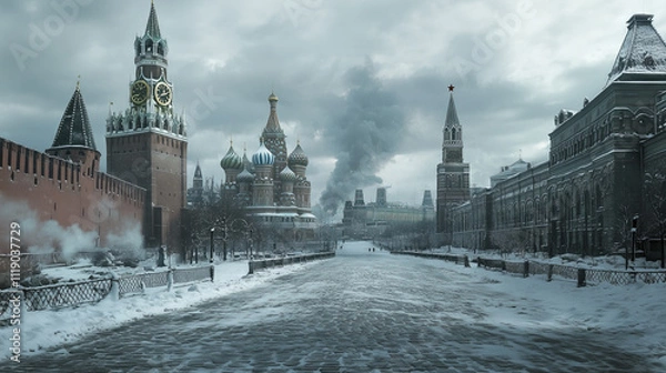 Obraz Snowy Red Square in Moscow with Kremlin and St. Basil’s Cathedral