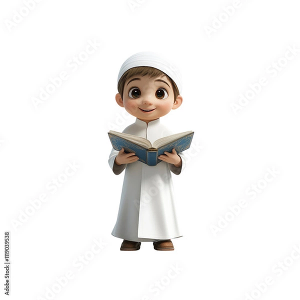 Obraz Adorable 3D Render of a Young Muslim Boy Reading a Book