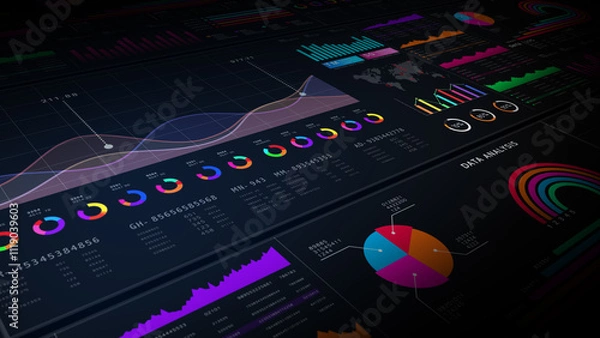 Obraz Data analytics for business, strategy financial investment background, Professional data dashboard showcasing charts, graphs, and analytics for finance, trading, and business insights. 3d Rendering