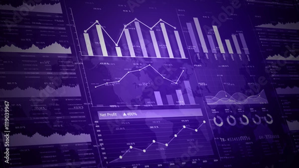 Fototapeta Financial graphs and charts in futuristic, showcasing data analytics, profit growth, and global market insights. Information on strategy for business and economic investment 3d Rendering