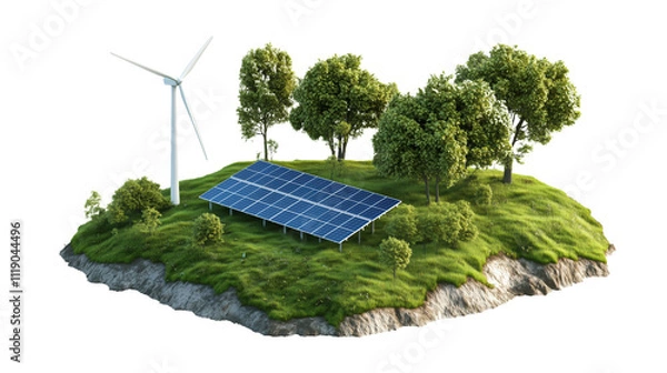 Fototapeta A Futuristic Green Energy Concept Featuring Solar Panels and a Wind Turbine on a Lush Green Island for Sustainable Development