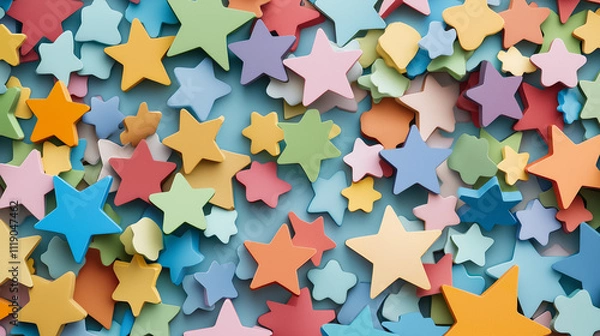 Fototapeta Rainbow of Stars: A captivating background image featuring colorful wooden stars scattered across a serene blue canvas. The vibrant hues and playful shapes evoke a sense of wonder and joy.