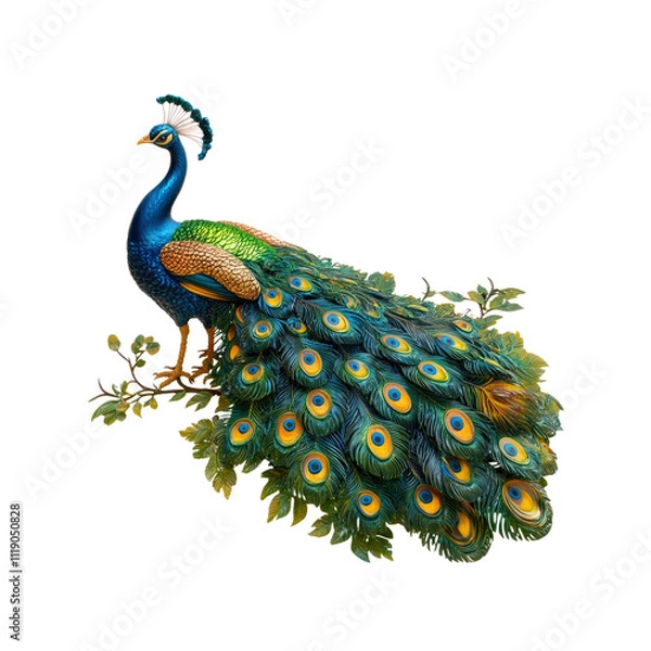 Obraz Majestic Peacock with Vibrant Plumage Displayed Against a White Background
