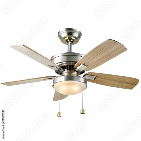 Fototapeta A ceiling fan with simple design, mounted on a white background,