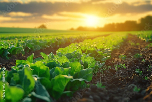 Fototapeta The green vegetable field has rows of Chinese cabbage growing in the soil, with mountains in the background and a blue sky.